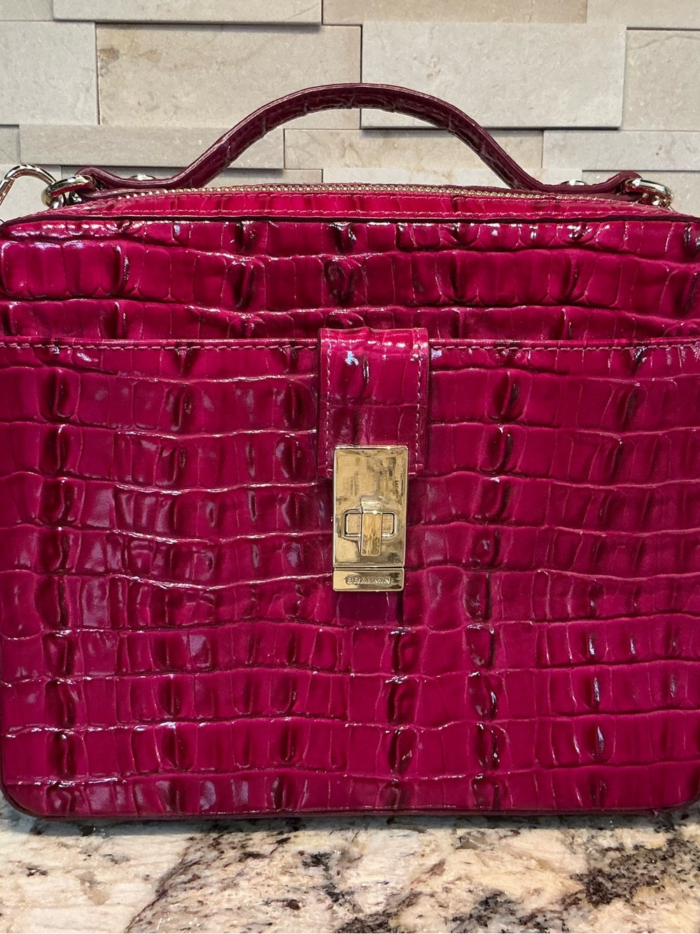 Brahmin Croc-Embossed Patent Crossbody Bag in Deep Fuchsia